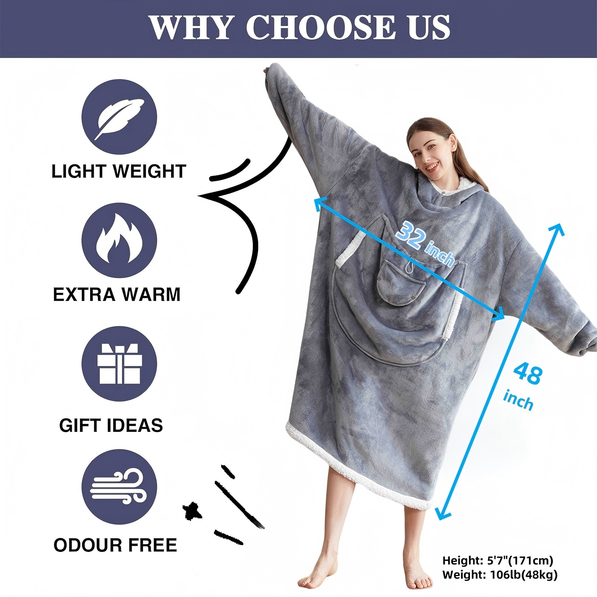 Wearable Blanket Hoodie With Kangaroo Pocket