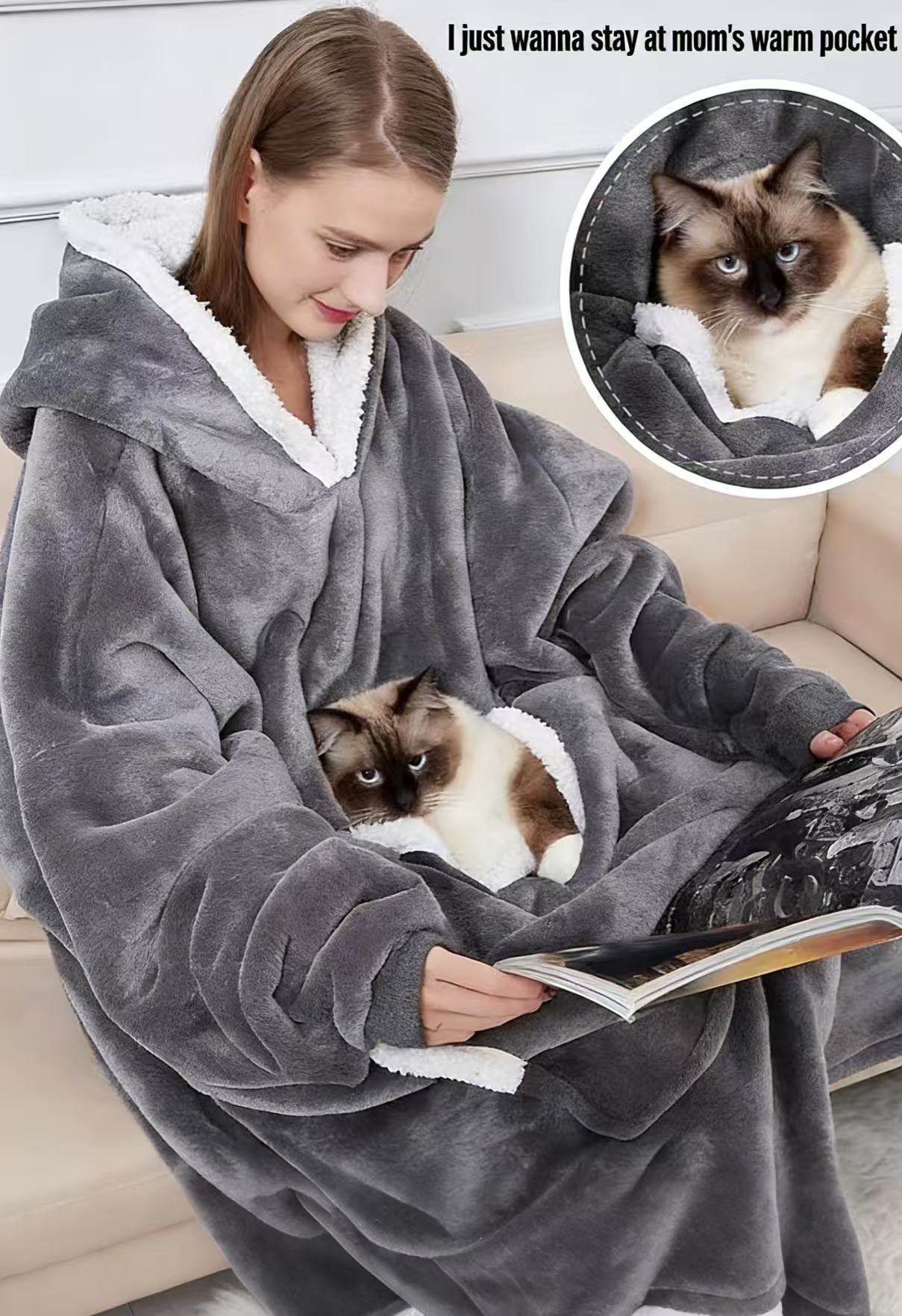 Wearable Blanket Hoodie With Kangaroo Pocket
