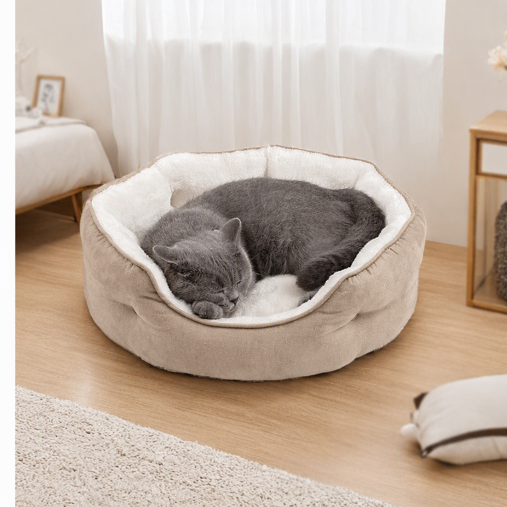 Round Donut Dog Bed, Soft Plush Calming Pet Bed